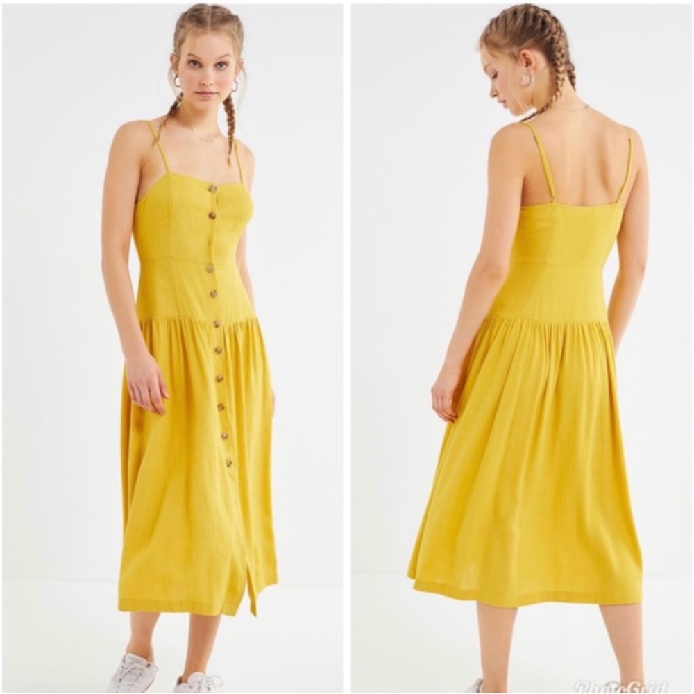 Urban Outfitters Linen Button-Down Drop Waist Pleated Skirt Midi Dress